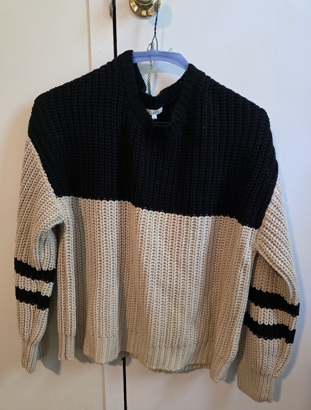 Z Supply Womens Black and Cream Colorblock Crewneck Sweater, Size Large
